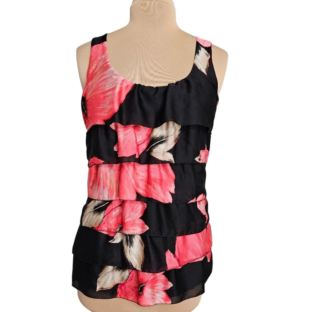 White House Black Market Black Pink Tiered‎ Ruffled Tank Top Blouse Large Fairy